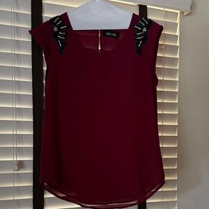 Fab'rik Burgundy Blouse with Black Beaded Accents, Size S